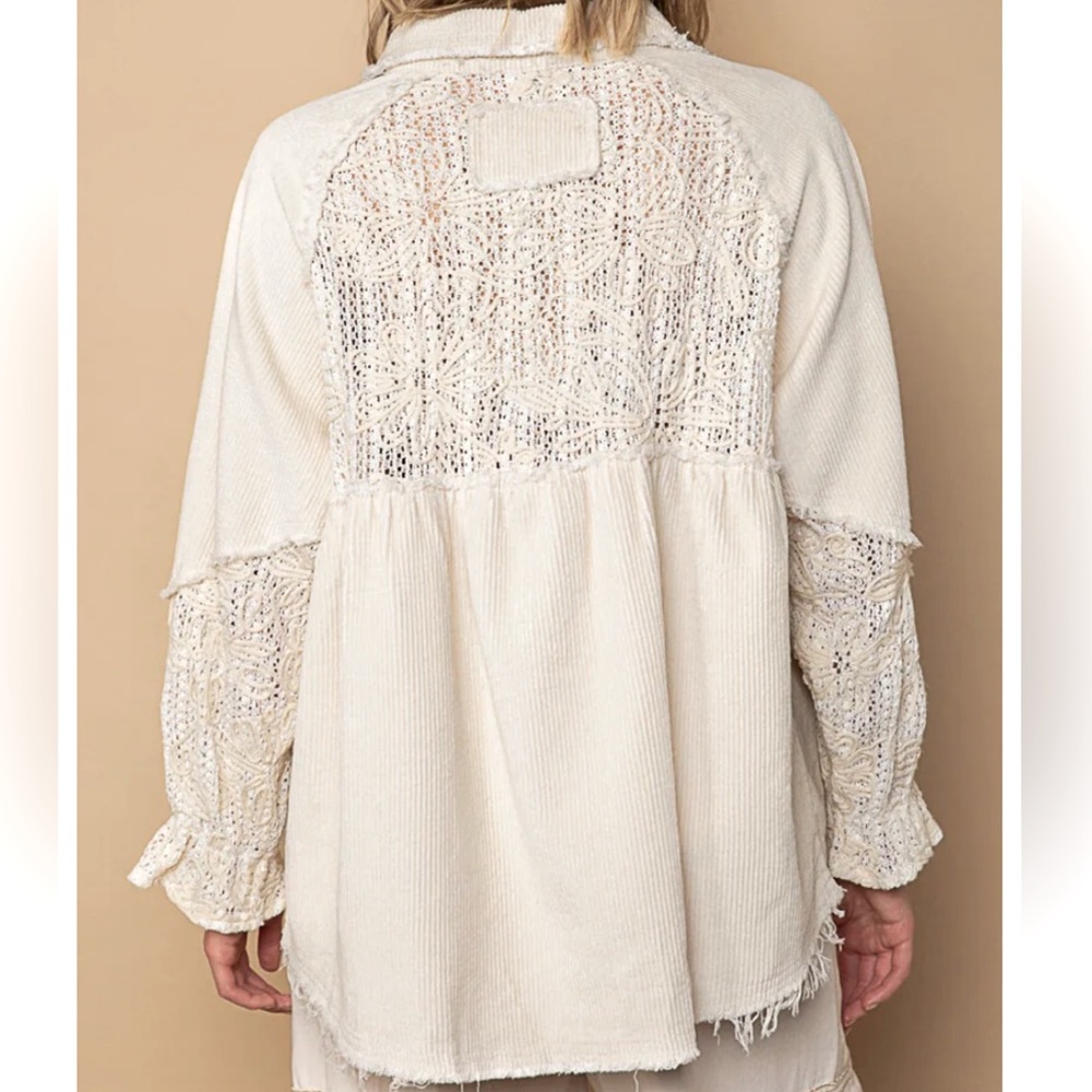 NWT POL Shabby Chic Corduroy and Crochet Lace Button Down Shirt Shacket - Picture 5 of 9